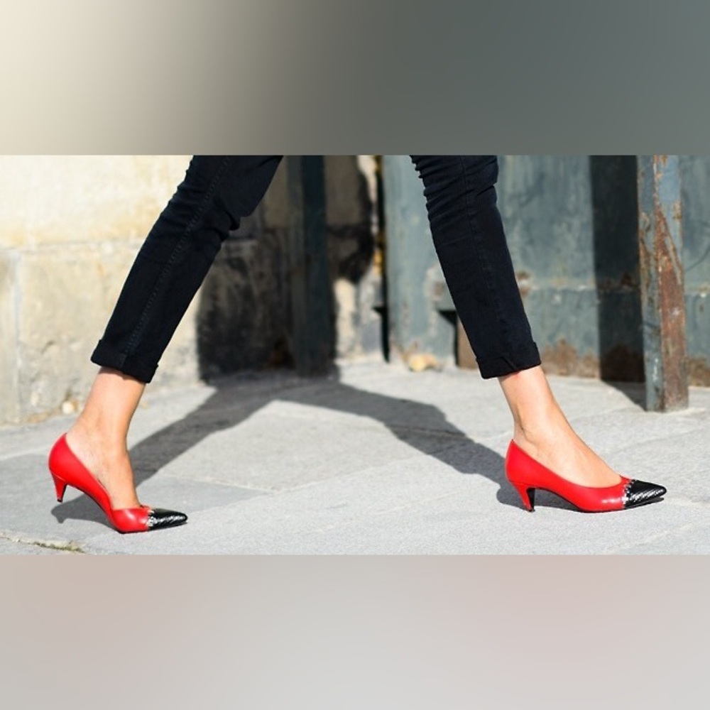 VTG Palizzio Italian Red Black Leather Suede Pointed Toe Low Kitten Heel Pump 9N - Picture 2 of 16